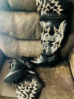 Black Embroidered Western Over The Knee Boots